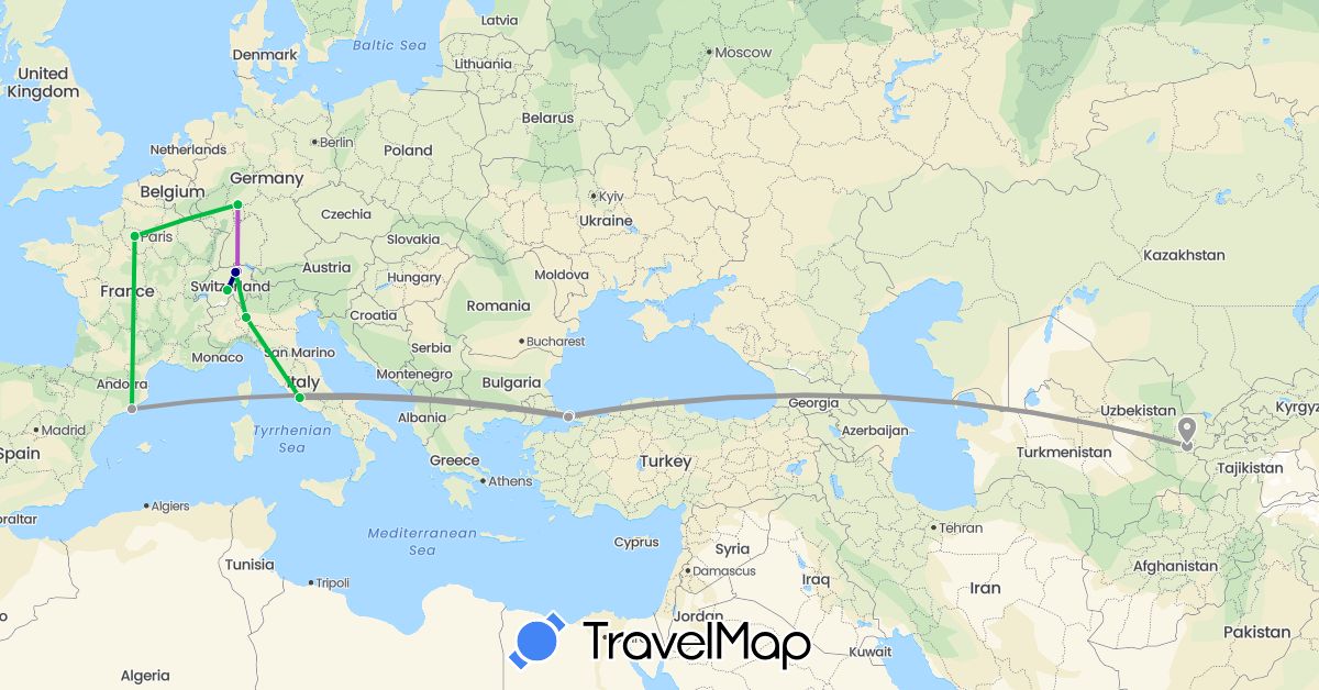 TravelMap itinerary: driving, bus, plane, train in Switzerland, Germany, Spain, France, Italy, Turkey, Uzbekistan (Asia, Europe)